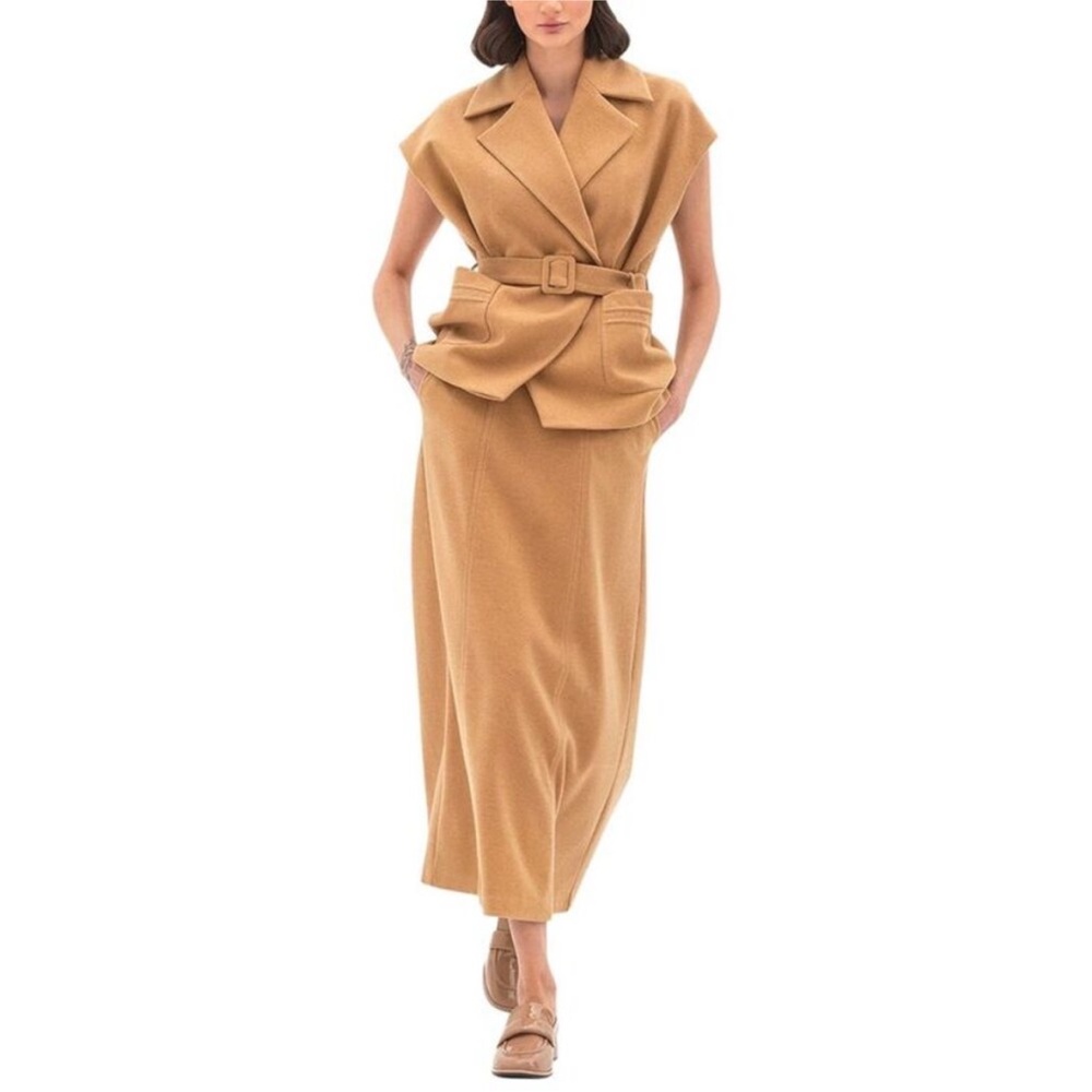 BGL || Belted Skirt + Jacket Vest‎ Set Suit Camel Tan Large